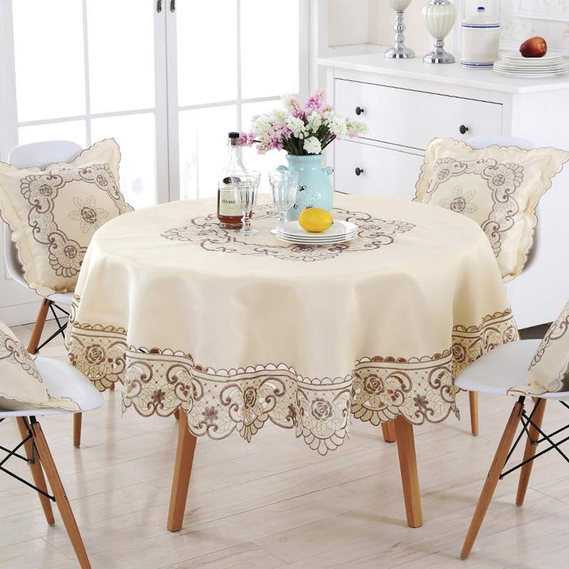 AMZALI Round Table Cloth Flower Embroidered Lace Tablecloth Wrinkle Free & Stain Resistant Fabric Tablecloths Table Cover for Kitchen Dinner (Round 60 inch) - Image 2